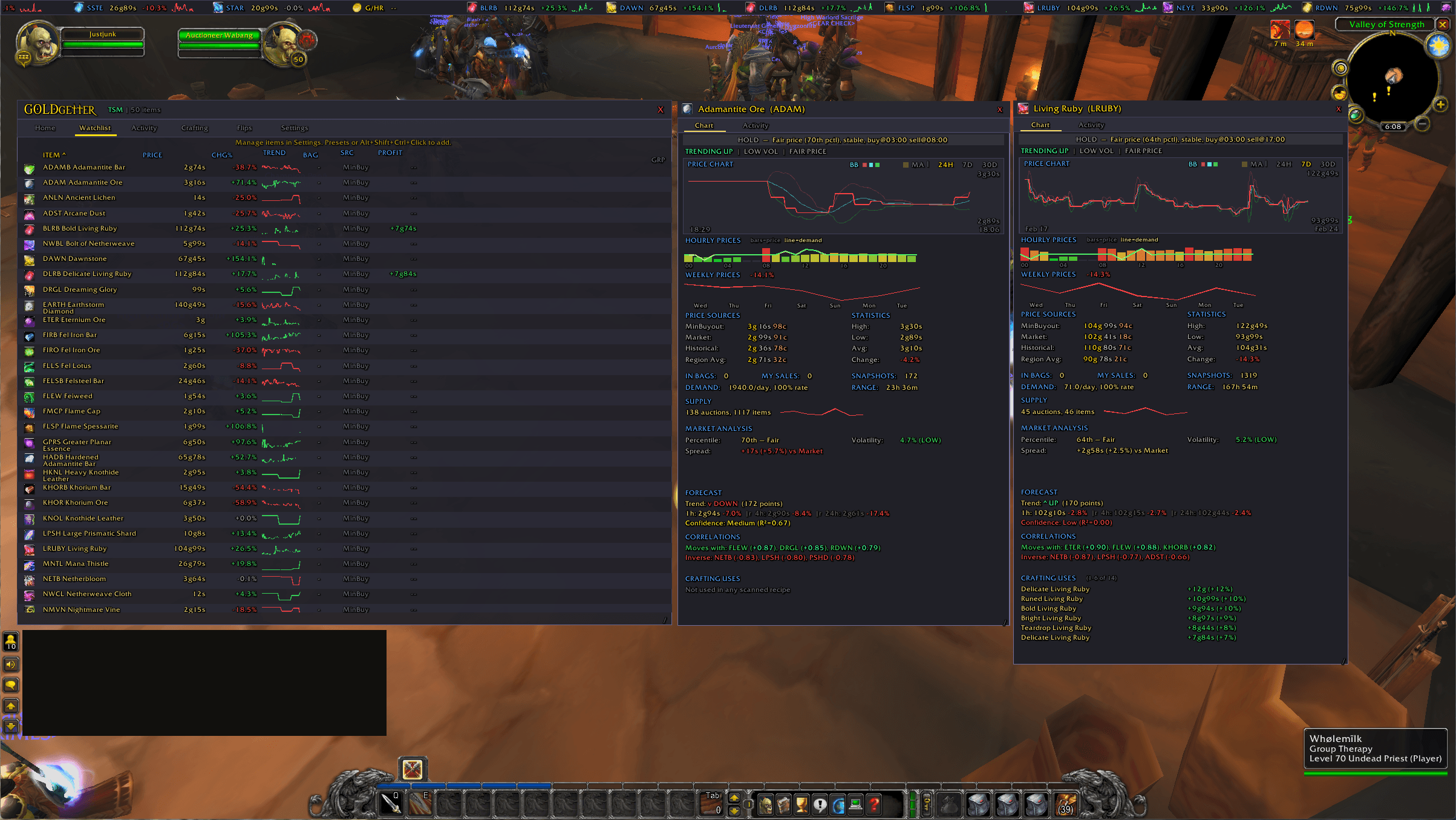 GoldGetter addon showing watchlist, price charts, market analysis, and live ticker